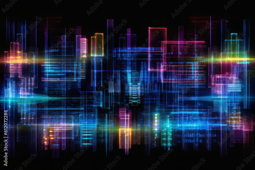 Abstract and vibrant background illustrating the power of data analytics, ai, and machine learning in modern business and finance big data technology in neon blocks. Ai generative. Abstract and vibrant background illustrating the power of data analytics, ai, and machine learning in modern business and finance big data technology in neon blocks. Ai generative.
