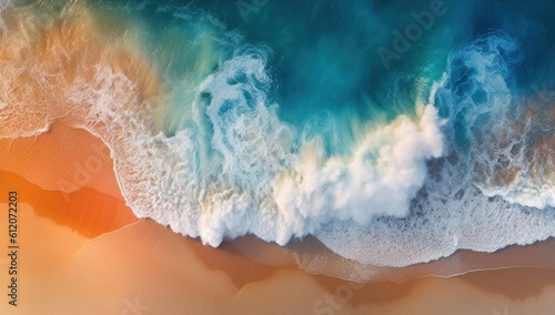 Powerful ocean waves crashing down in a display of raw power and motion, perfect for surfing and capturing the beauty of nature epic aerial view. Ai generative. © remake