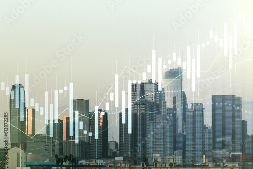 Multi exposure of abstract virtual financial graph hologram on Los Angeles skyline background, forex and investment concept