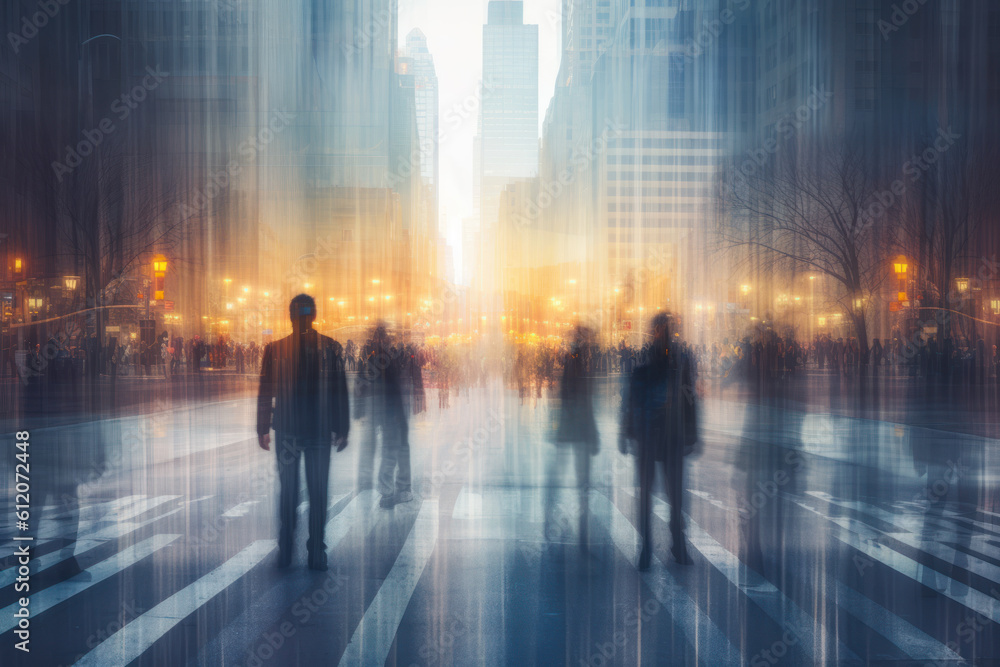 Blurred business people conference group meeting on city office building in background showing partnership success of business deal. Concept of teamwork, trust and agreement. Ai generative Blurred business people conference group meeting on city office building in background showing partnership success of business deal. Concept of teamwork, trust and agreement. Ai generative