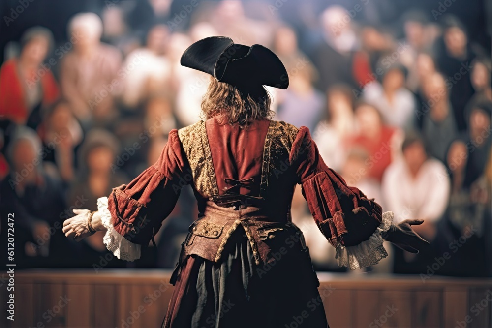 Entertaining the Audience: Pirate Costume Performing Arts Entertainer on Stage with Selective Focus and Blurry Audience Background: Generative AI