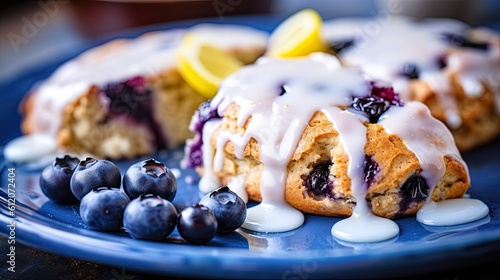 Delicious Blueberry Scones with Tangy Lemon Glaze. Perfect Breakfast or Snack with British Flavors on Blue Background (16:9 ratio): Generative AI