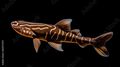 Juvenile Brown Banded Bamboo Shark Isolated on Black Background. Exotic Pet from Pacific Ocean with Brown and White Stripes: Generative AI photo