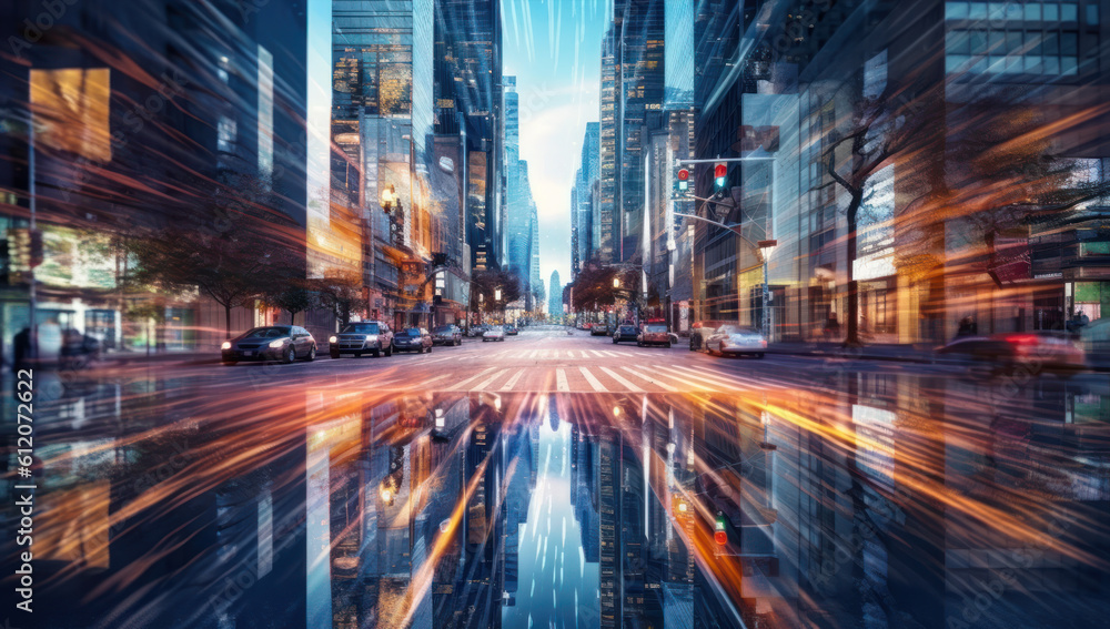 The energy and vibrancy of a city street at night, with fast-paced traffic and blurred motion creating a dynamic business environment set against a stunning urban skyline. Ai generative.