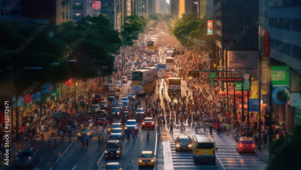 A bustling city street filled with traffic, movement, and energy. The blurred motion of cars and the towering skyscrapers create a dynamic cityscape that captures the essence. Ai generative.