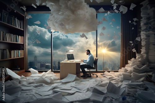 Leinwand Poster A busy businessman amidst papers at a messy desk, facing stress, burnout, and financial challenges a chaotic corporate office