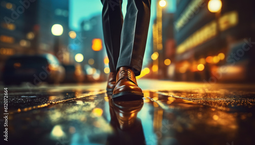 Businessman striding towards goals and targets with motivation and determination. Achieving ambition on the road to a bright future. On the path to success. Ai generative.