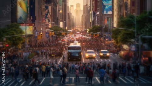 A bustling city street filled with traffic and the energy of a dynamic business environment. The fast-paced, ever-changing landscape is full of motion and vibrancy. Ai generative.