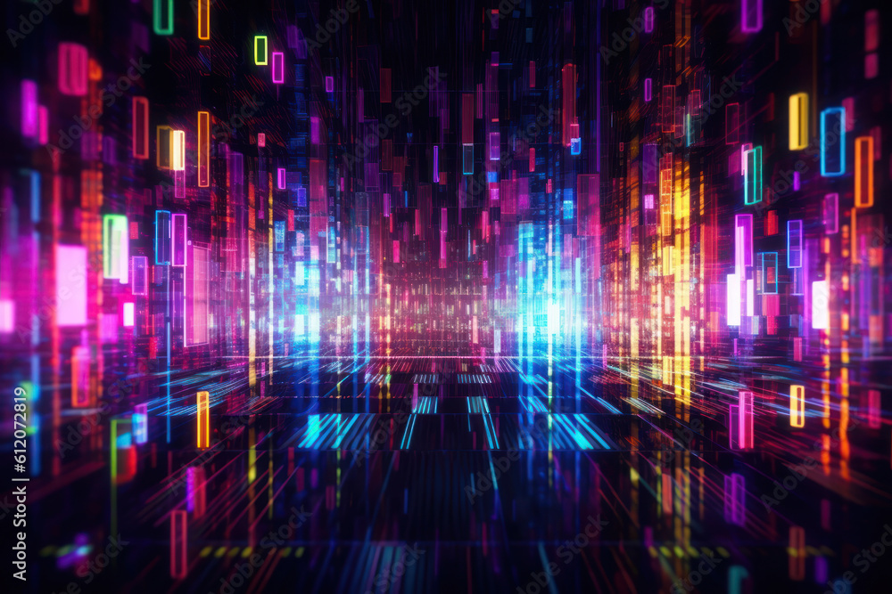 A futuristic abstract technology background illustrating data flow, business analytics, and ai in a modern and digitally generated design neon blocks. Ai generative.