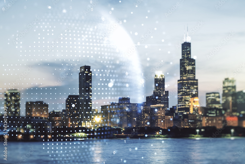 Obraz premium Abstract creative digital world map on Chicago cityscape background, globalization concept. Multiexposure