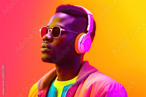 Fashionable young african american man in neon outfit, with headphones and sunglasses, listening to music, studio portrait. Generative AI