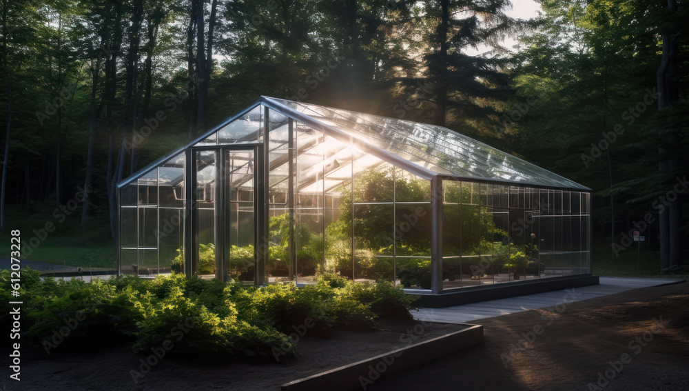 Innovating glass greenhouse technology for efficient vegetable cultivation, sustainable harvesting, and advancing agricultural industry progress. Maximizing growth potential. Ai generative.