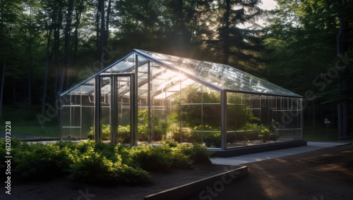 Innovating glass greenhouse technology for efficient vegetable cultivation, sustainable harvesting, and advancing agricultural industry progress. Maximizing growth potential. Ai generative.