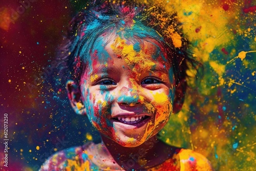 Obraz na plátne Celebration of Holi festival day colorful illustration of a child covered in paint illustration