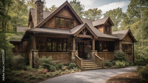 Home architecture design in Craftsman Style with Front porch constructed by Wood and Stone material. American Craftsman style. Generative AI AIG25 . photo