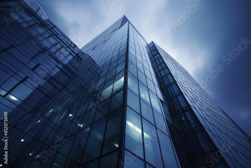Modern Corporate Skyscraper Towers Over Urban Landscape with Futuristic Glass Facade and Blue Sky Perspective. Elevating Success. Ai generative.