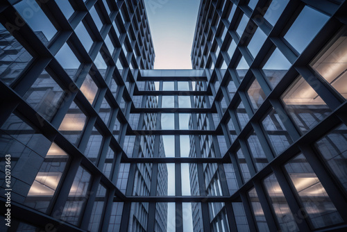 Modern Corporate Skyscraper with Futuristic Glass Facade and Blue Sky Perspective. Elevating Success Ai generative.