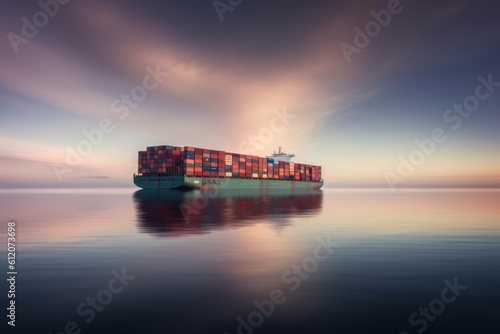 Cargo ship carrying containers for efficient transportation and trade in the shipping industry. Global logistics. Business logistic commerce and export. International delivery. Ai generative.