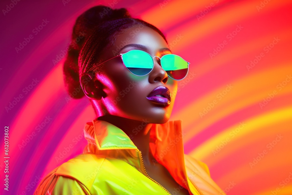 High fashion studio portrait of young african american woman with sunglasses, beautiful makeup, bright neon colors. Generative AI High fashion studio portrait of young african american woman with sunglasses, beautiful makeup, bright neon colors. Generative AI