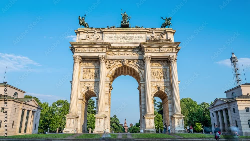 Timelapse video of the Peace Arch (Arco della Pace) in Milan, Italy, on a sunny day. Timelapse video of the Peace Arch (Arco della Pace) in Milan, Italy, on a sunny day.