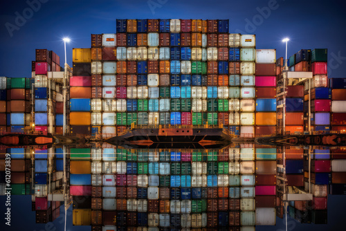 Efficient freight transport for global logistics, distribution, and trade at modern commercial stations and industrial terminals. Vibrant containers. Ai generative.