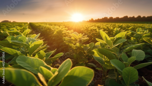 Sunlit soybean field ripening in spring. Embrace the harvest of freshness and health with green farming, cultivated by skilled farmers. Ai generative.