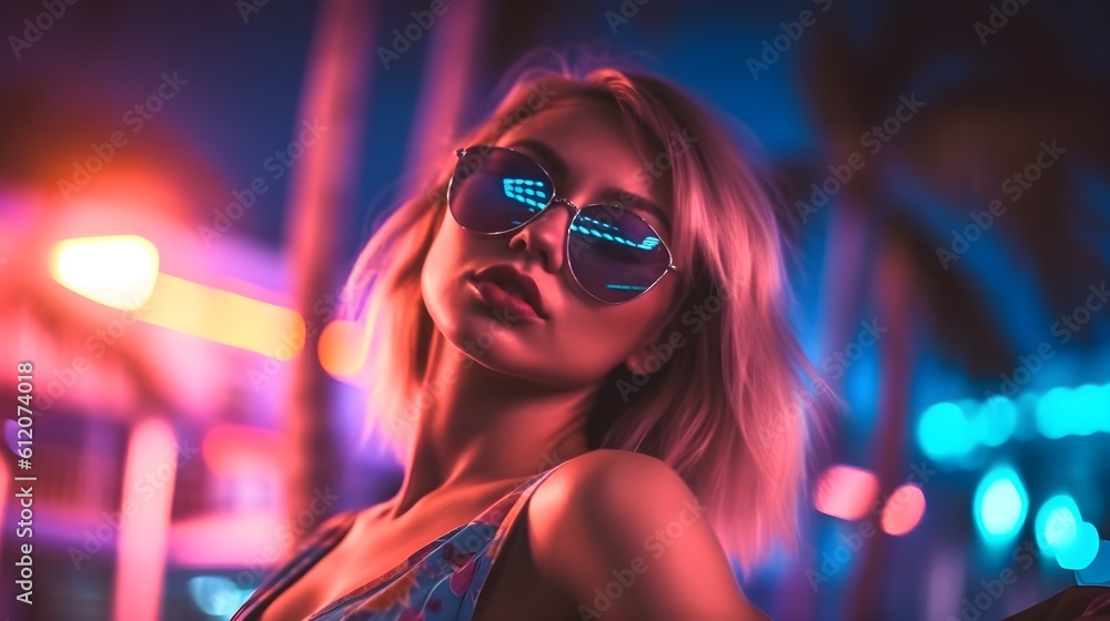 Attractive Girl in Bikini Clubbing at a Hot Summer Dance Party with Neon Lights and Palm Trees - Vacation Nightlife - Generative AI Attractive Girl in Bikini Clubbing at a Hot Summer Dance Party with Neon Lights and Palm Trees - Vacation Nightlife - Generative AI