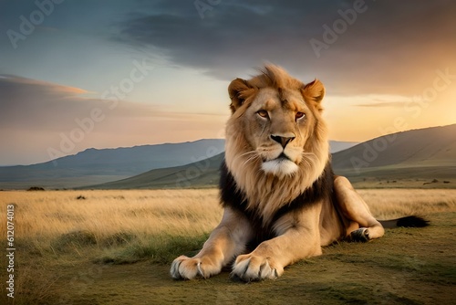 Lion sitting in the forest at the time of sunset