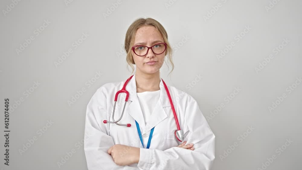 Young blonde woman doctor standing with arms crossed gesture saying no with head over isolated white background Young blonde woman doctor standing with arms crossed gesture saying no with head over isolated white background