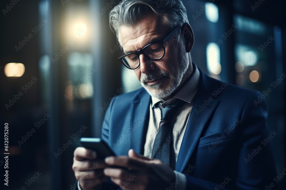 Senior businessman using phone in office, ceo with glasses and gray beard typing message, financial app. Generative AI Senior businessman using phone in office, ceo with glasses and gray beard typing message, financial app. Generative AI