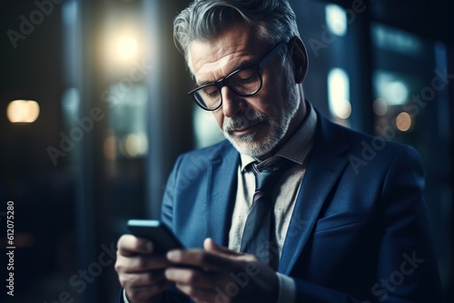 Senior businessman using phone in office, ceo with glasses and gray beard typing message, financial app. Generative AI