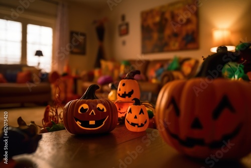 Halloween decoration in house living room interior