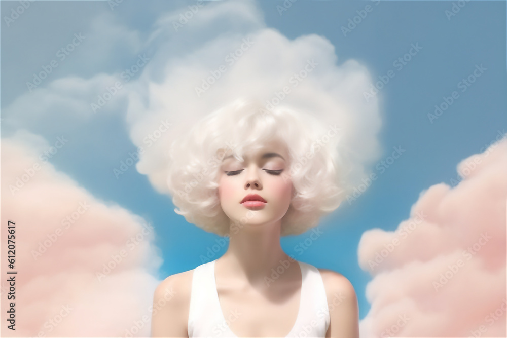 Beautiful young woman with a white cloud covering her head on a sky background in minimalist design. AI generated image. Generative AI