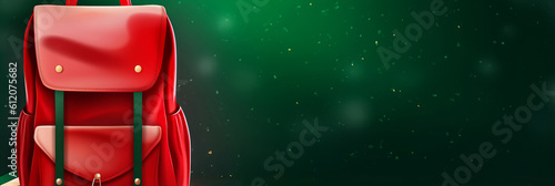 Back to school. Red backpack on green background. 3D Rendering. Banner, a place for text, copy space. Generative AI