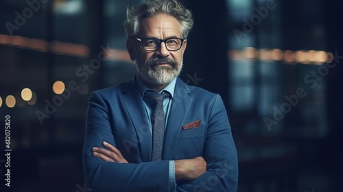 Portrait of confident senior businessman in suit, CEO with glasses and crossed arms, successful entrepreneur in office. Generative AI