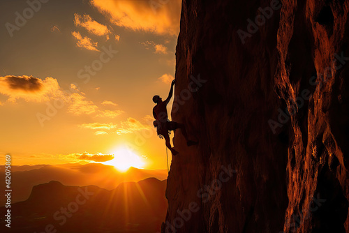 Silhouette of a climber on a rock face at sunset.