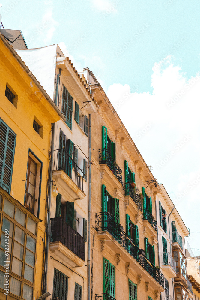houses and balconies in the old town in palma, mallorca, spain, balearic islands