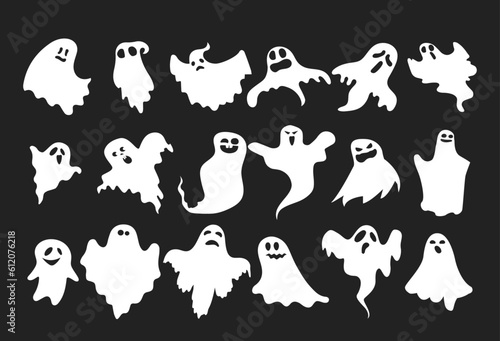 Fototapeta Naklejka Na Ścianę i Meble -  Monochrome ghost apparition spook horror set. Ghost shadow funny. ghost sheet for halloween character design. Isolated vector illustration.