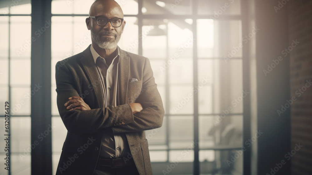 Fototapeta premium Portrait of confident senior african american businessman in suit, CEO with glasses and crossed arms, successful black entrepreneur in office. Generative AI