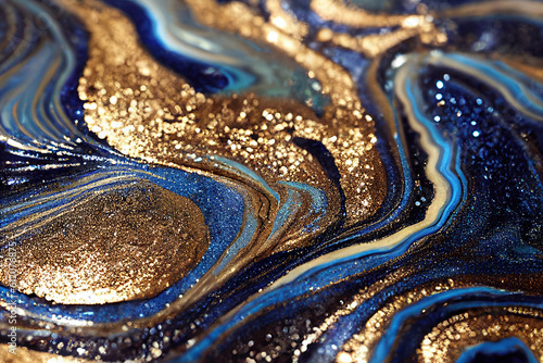 Blue and golden acrylic liquid ink swirl abstract background with ravishing turbulence wavy pattern and detailed texture. Luxury fluid liquid art by Generative AI.