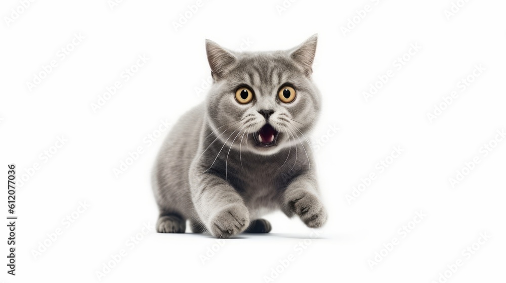 Fototapeta premium Close-up Funny Portrait of Frightened Cat with Huge Eyes. Isolated on White Background. AI generative.