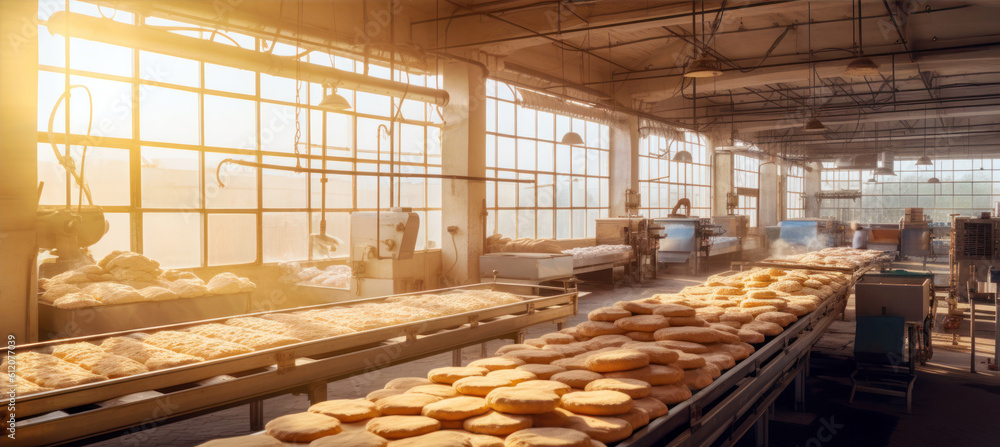 Big sun lit hall with bread ready to be baked - inside large scale industrial bakery as imagined by Generative AI