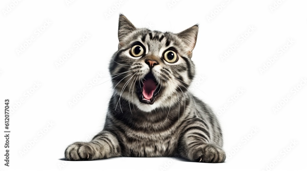 Close-up Funny Portrait of Frightened Cat with Huge Eyes. Isolated on White Background. AI generative. Close-up Funny Portrait of Frightened Cat with Huge Eyes. Isolated on White Background. AI generative.