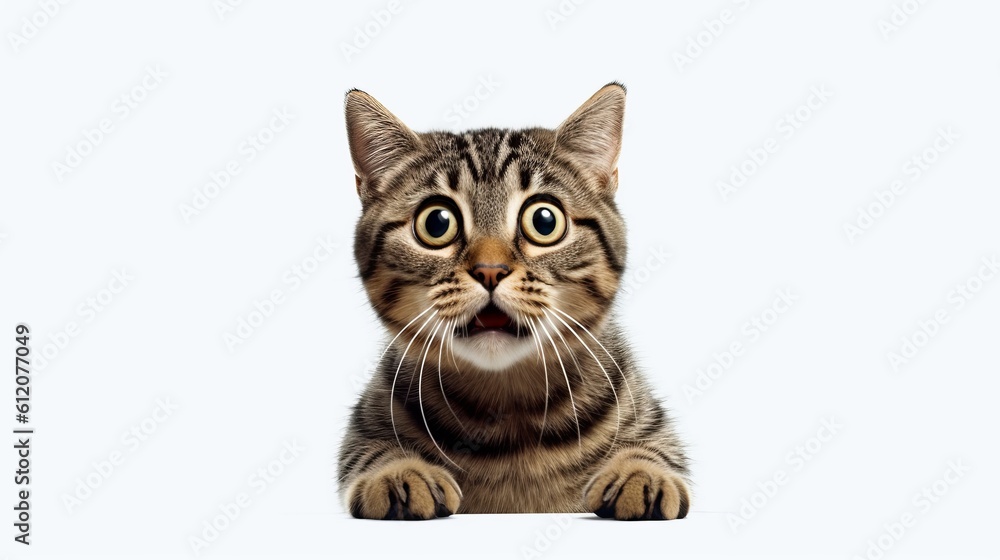 Close-up Funny Portrait of Frightened Cat with Huge Eyes. Isolated on White Background. AI generative. Close-up Funny Portrait of Frightened Cat with Huge Eyes. Isolated on White Background. AI generative.