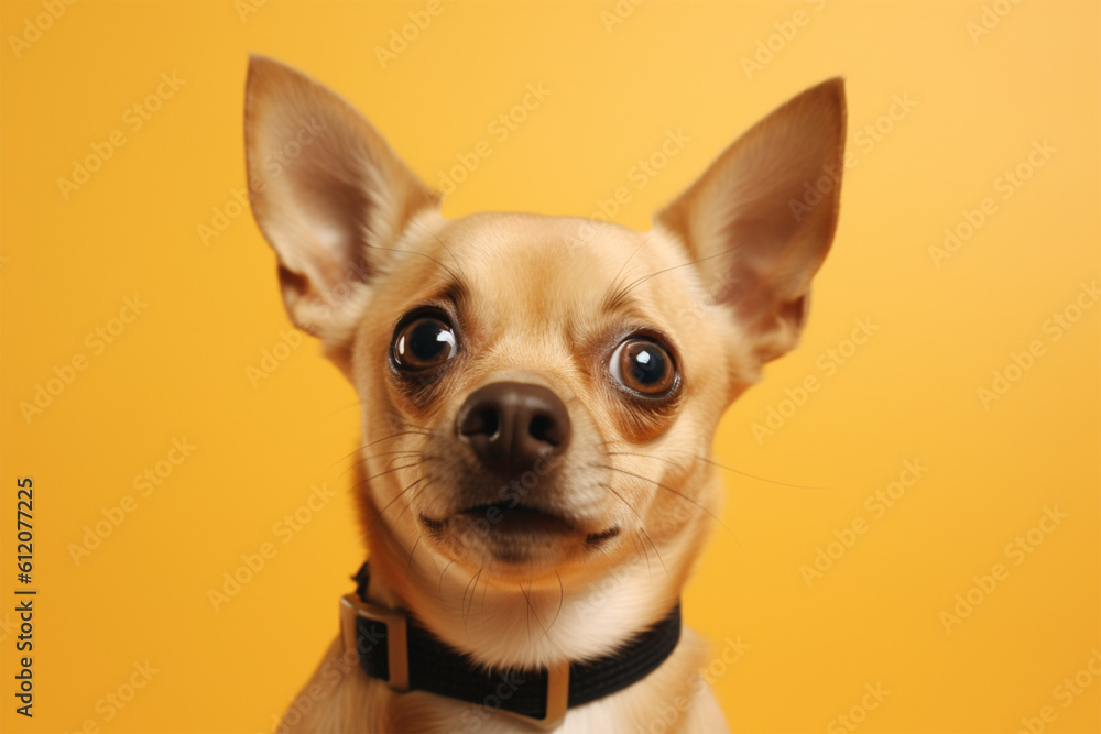 Generative AI.
a cute dog with bulging eyes on a yellow background