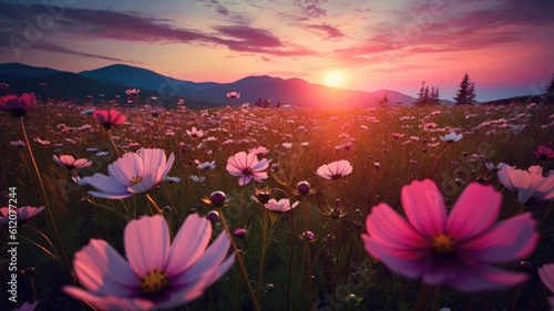 Summertime wildflowers in a field with sunset © Tatiana