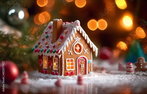 Illustration of a festive gingerbread house on a decorated table created with Generative AI technology © AI Visual Vault
