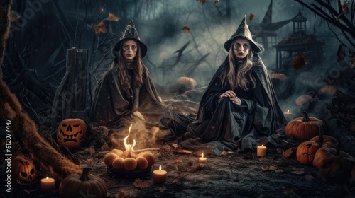 ai generated. witches at the campfire. background for halloween Generative AI