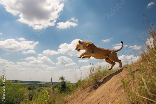 One wild lion runs in the wilderness. Shot of a lion jumping in motion. Sunny day, landscape with lion in natural habitat. Generative AI professional photo imitation.
