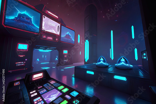 Retro futuristic abstract sci-fi cyberpunk scene. Blue and violet neon lights. 80's Creative concept. Future city. Cyberpunk wallpaper. Generative AI illustration.